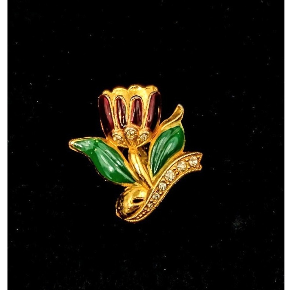 Coro Duette Dress Clip Single Camelia VTG 1940s‎ Enamel and Rhinestone READ